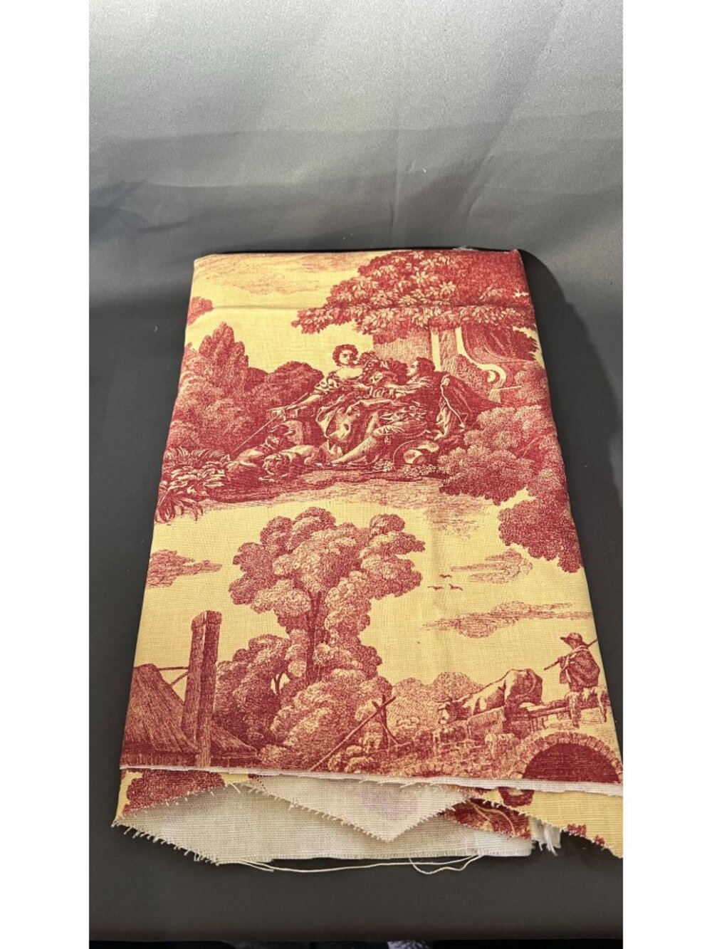 Vintage Burgundy Toile Fabric Countryside Scene Cotton Rustic - 1.5 Yards